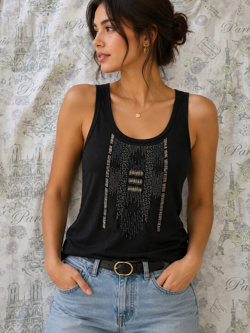 Free People Black Beaded Scoop Tank